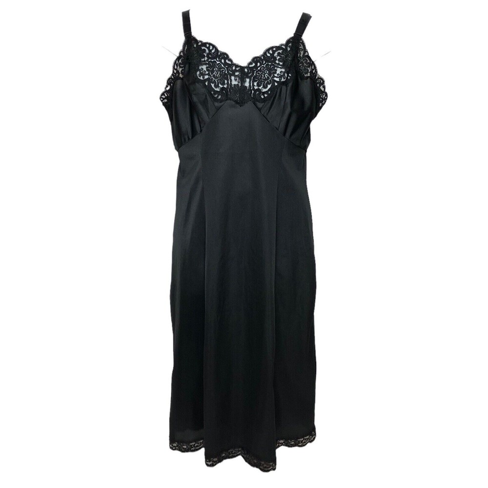 Vintage Wonder Maid Full Slip Size 34 Black Silky Nylon Rayon Lace Non Cling